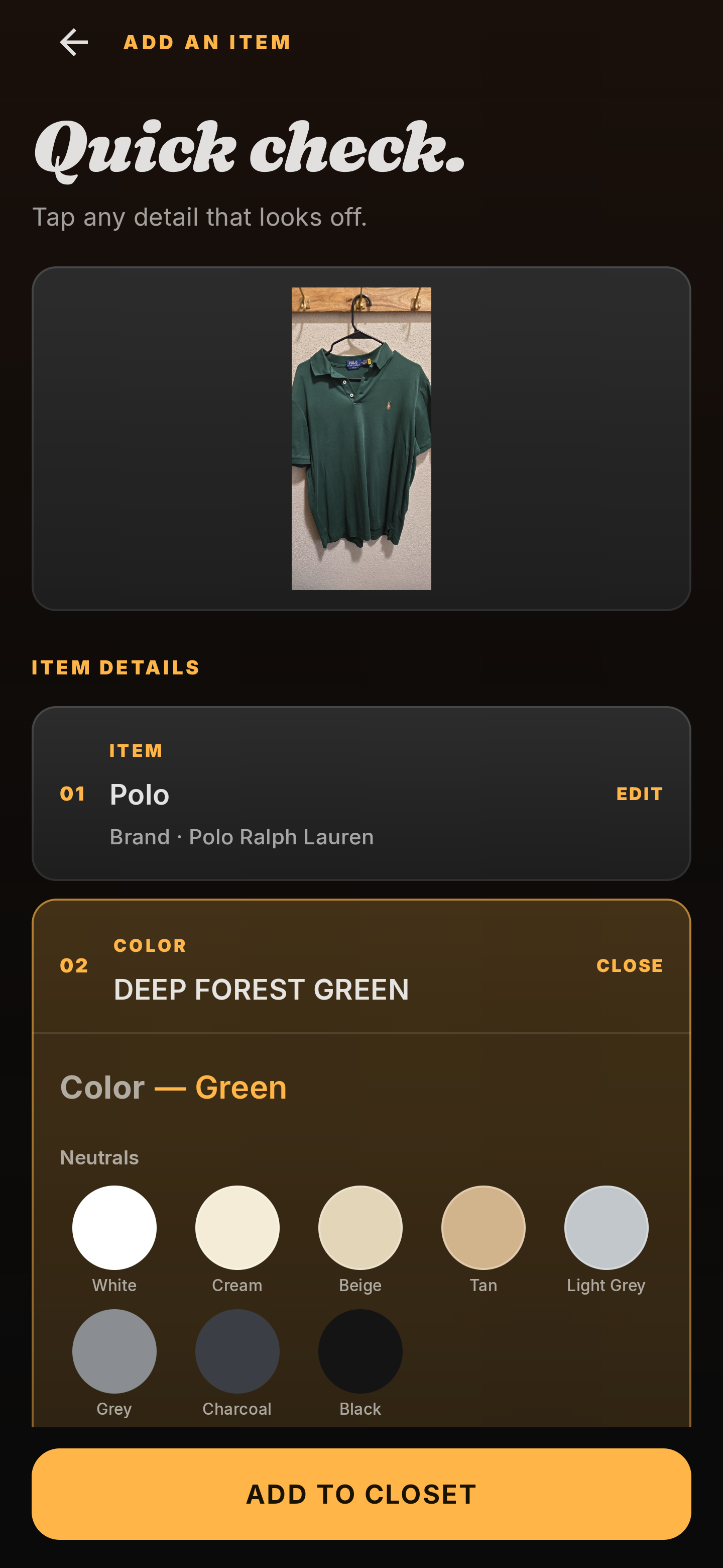 CRISP color editor open for the item, showing Deep Forest Green and selectable color choices
