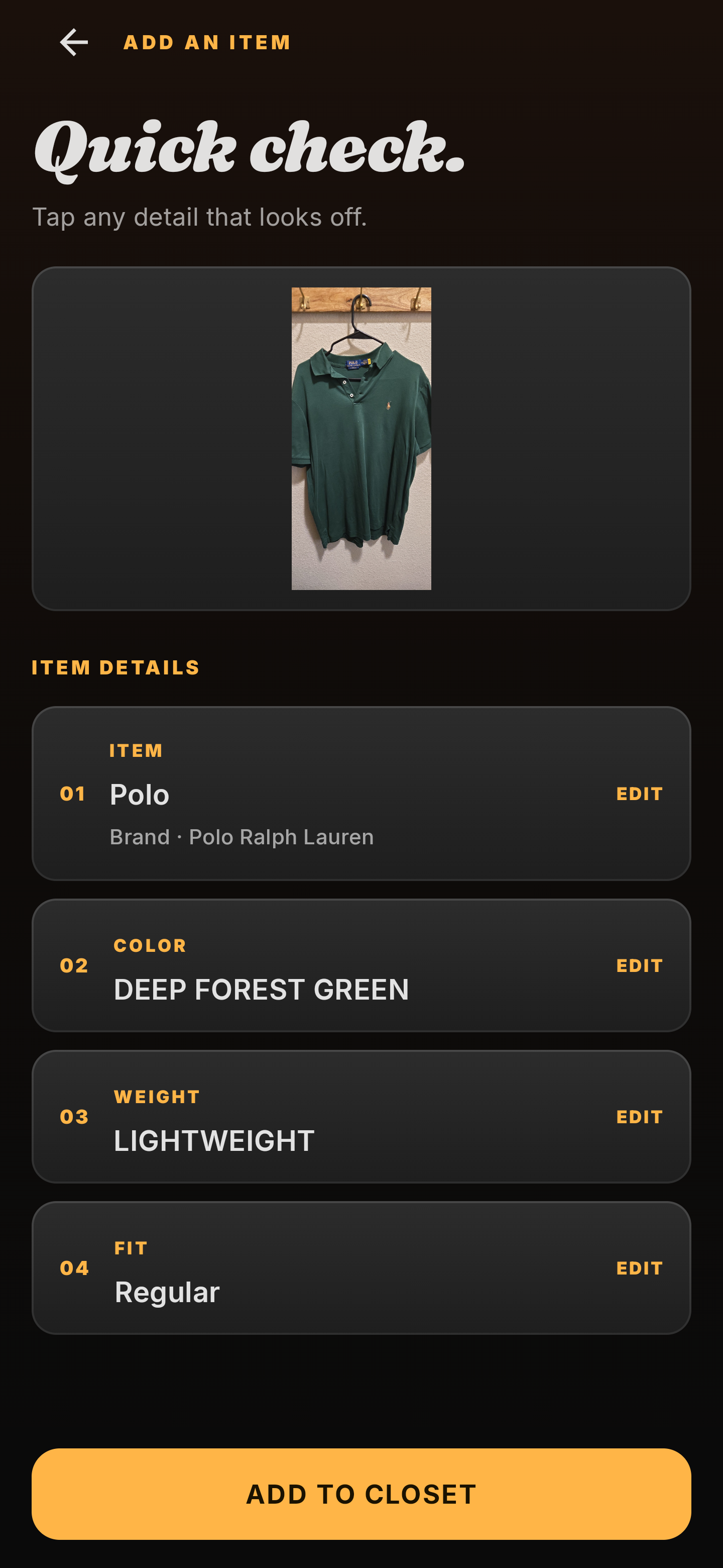CRISP item review showing a dark green polo with suggested item and brand, color, weight, and fit; each review card has an Edit action